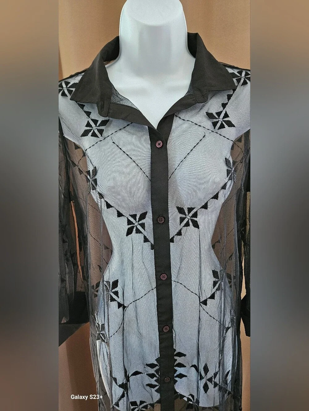 Black Mesh Embroidered Button Front Tunic Shirt Jacket Topper Duster S/M